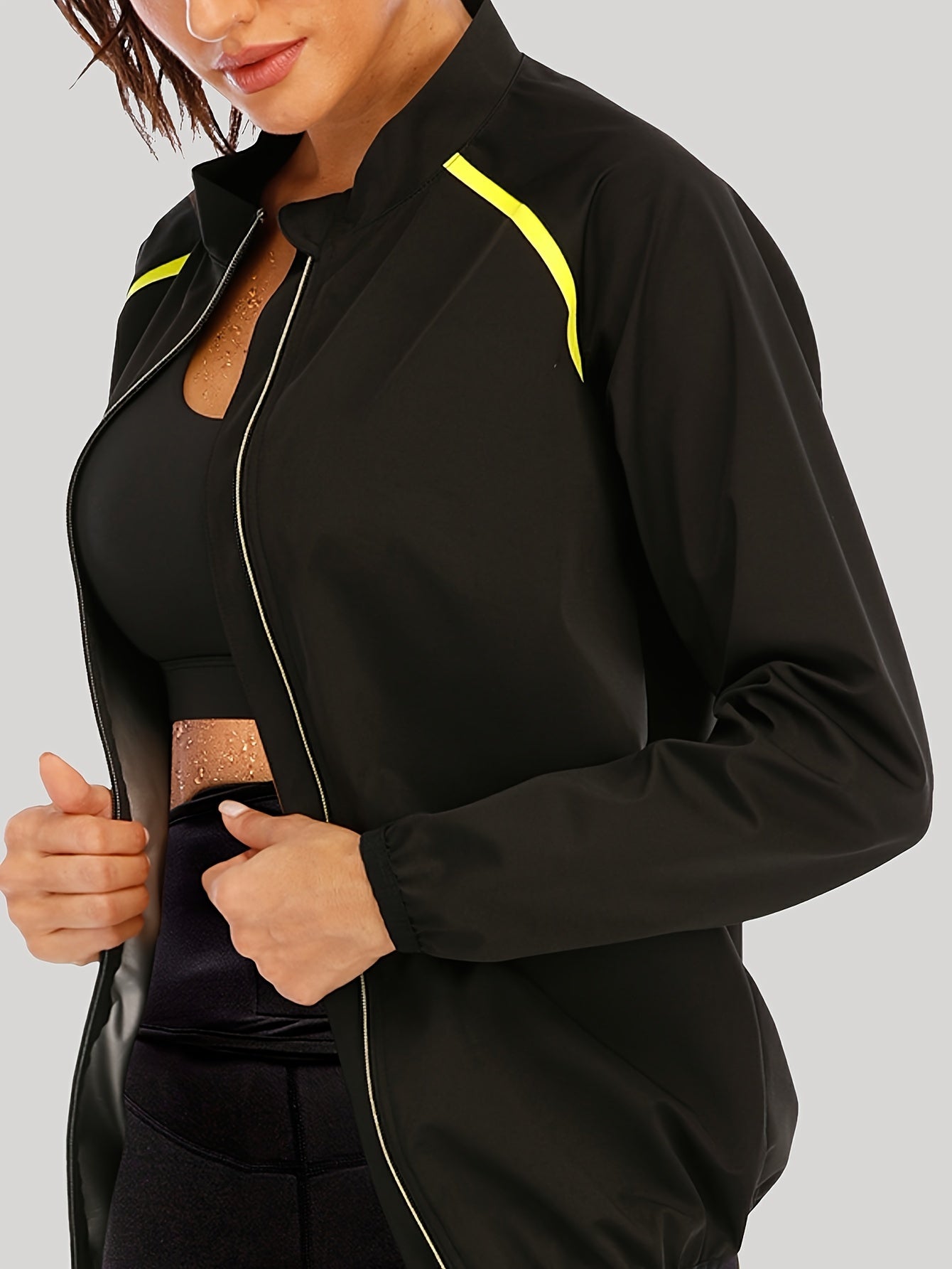 1pc Women's Reflective Zipper Contrast Design Lightweight Silvery-Plated Long-Sleeve Sweatshirt for Gym and Fitness