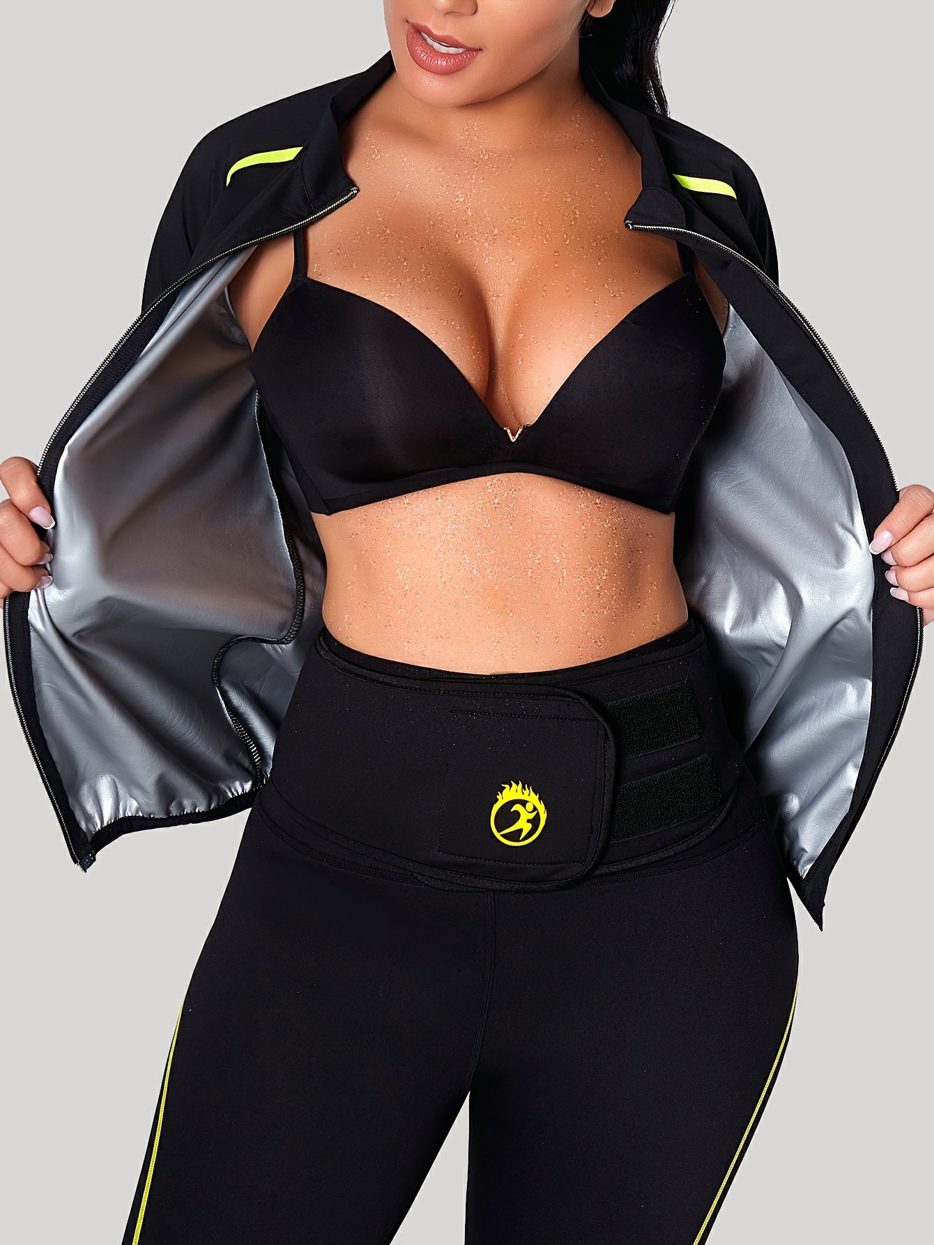 1pc Women's Reflective Zipper Contrast Design Lightweight Silvery-Plated Long-Sleeve Sweatshirt for Gym and Fitness