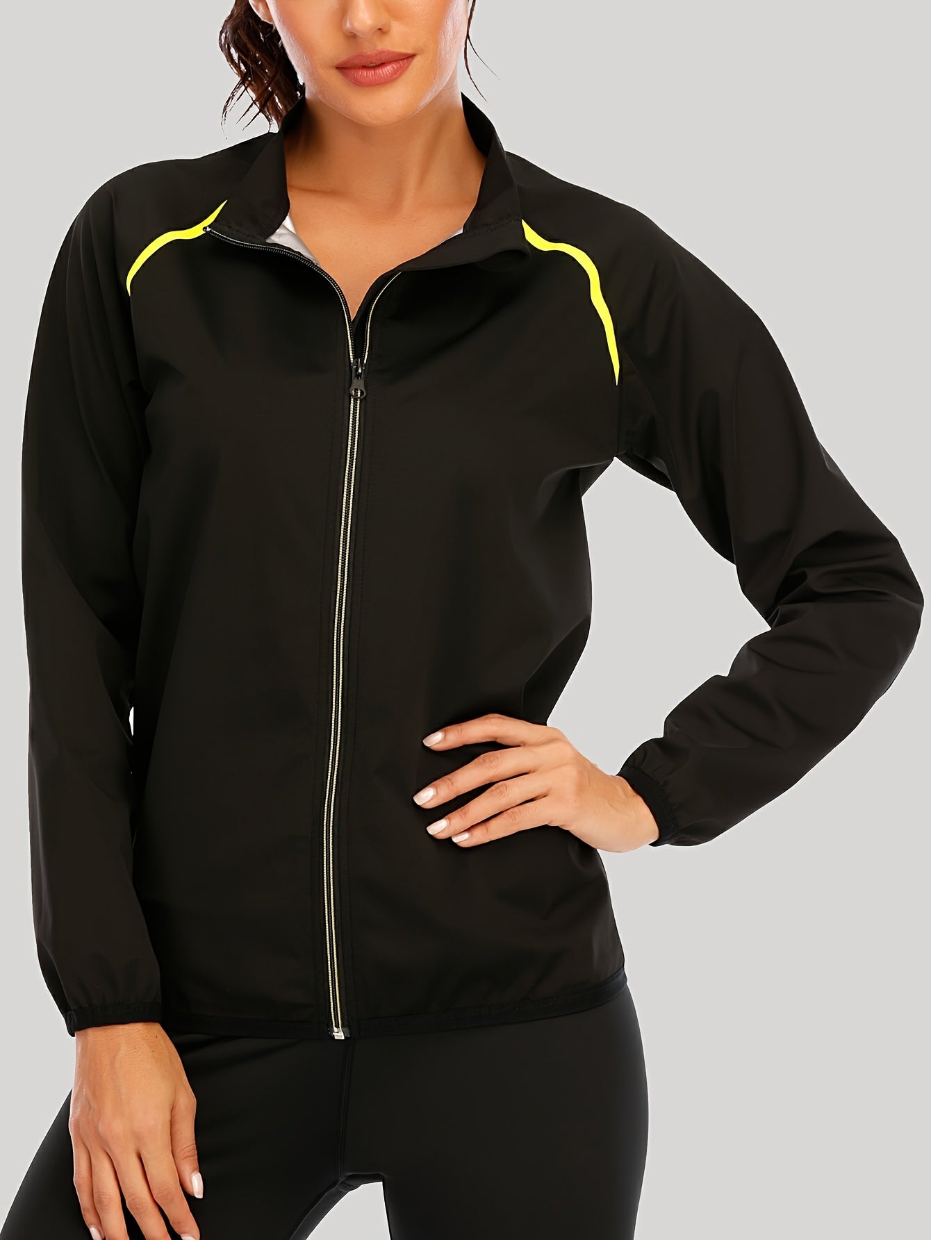 1pc Women's Reflective Zipper Contrast Design Lightweight Silvery-Plated Long-Sleeve Sweatshirt for Gym and Fitness