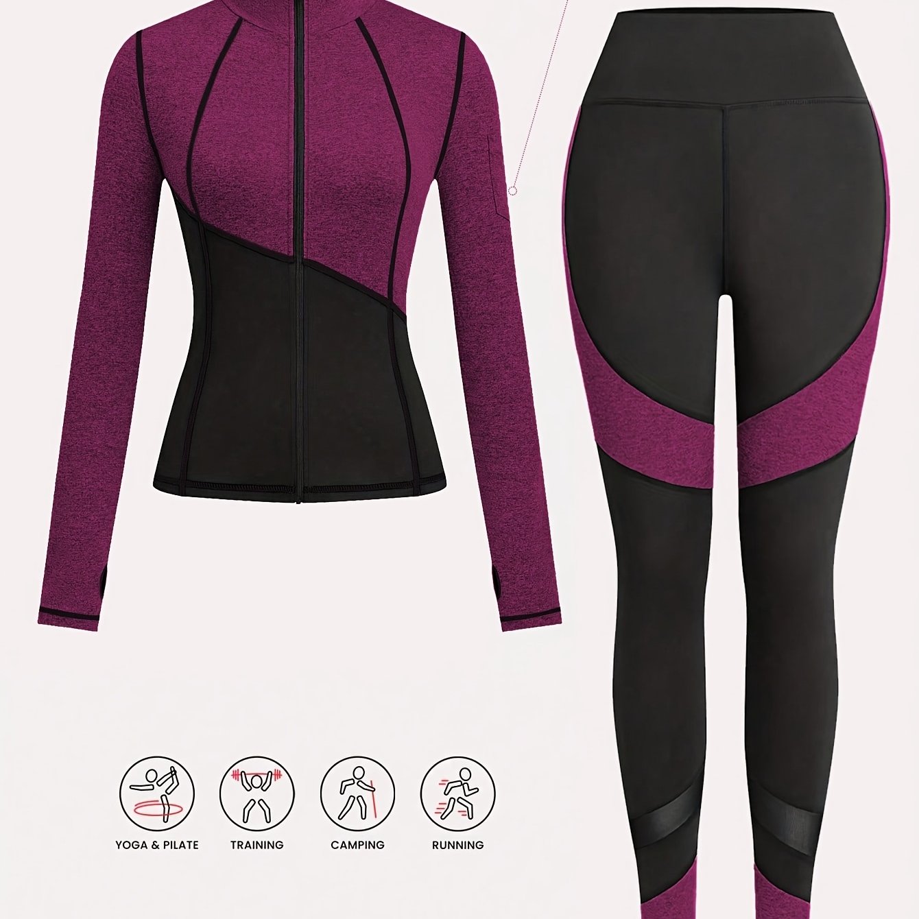 Women'S Two-Tone Running Fitness Leggings & Tank Top Set - Black & Pink, Stretchy Material, Zipper Detail, Perfect for Yoga & Casual Wear, Casual Wear Leggings|Stretchy Fabric Leggings|Zippered Leggings