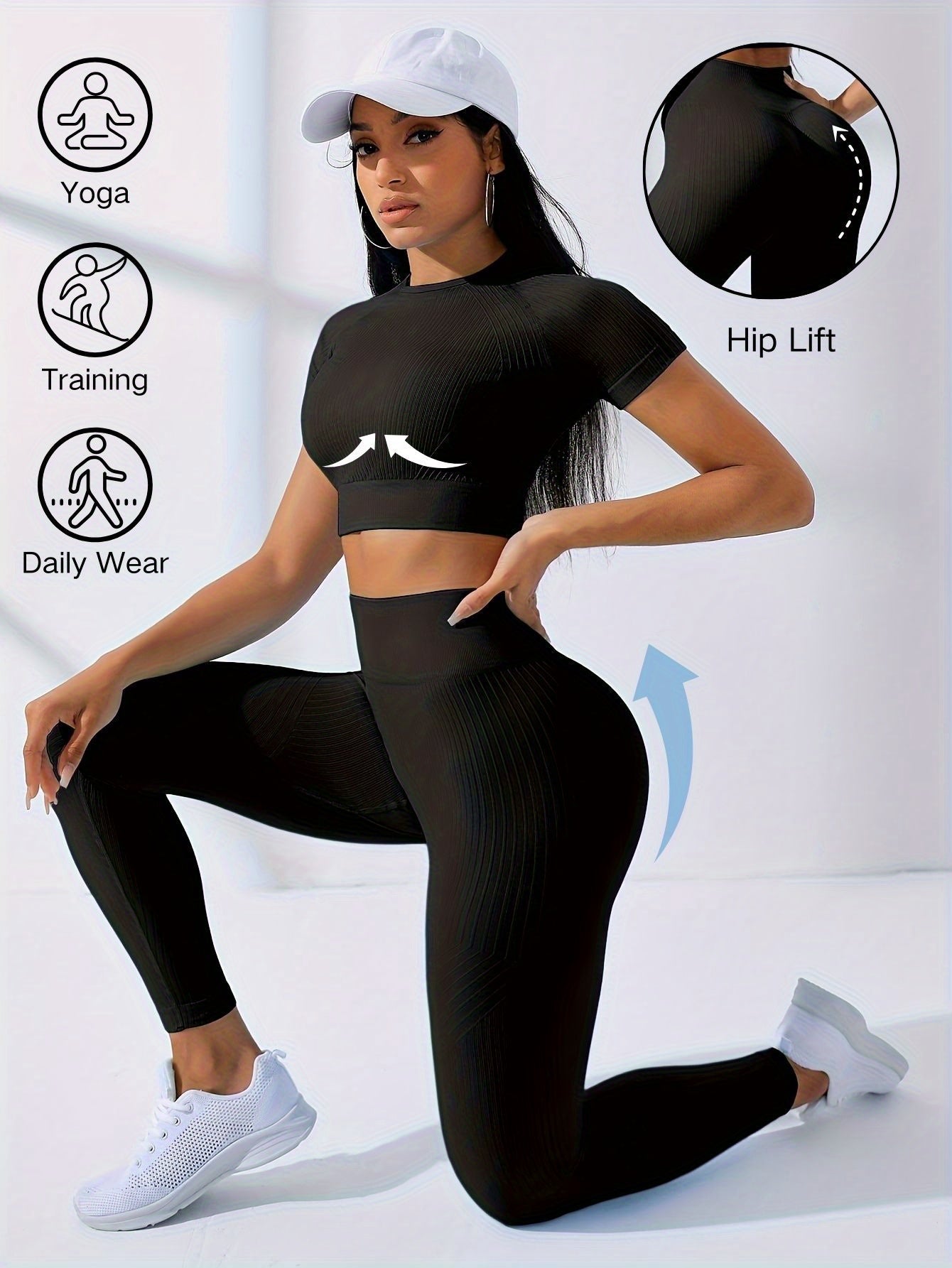 Two-Piece Outdoor Sports Suit - Short Sleeve Navel Top and High Waist Solid Color Running Tights, Women's Workout Sets for Yoga and Daily Wear with Medium Elasticity