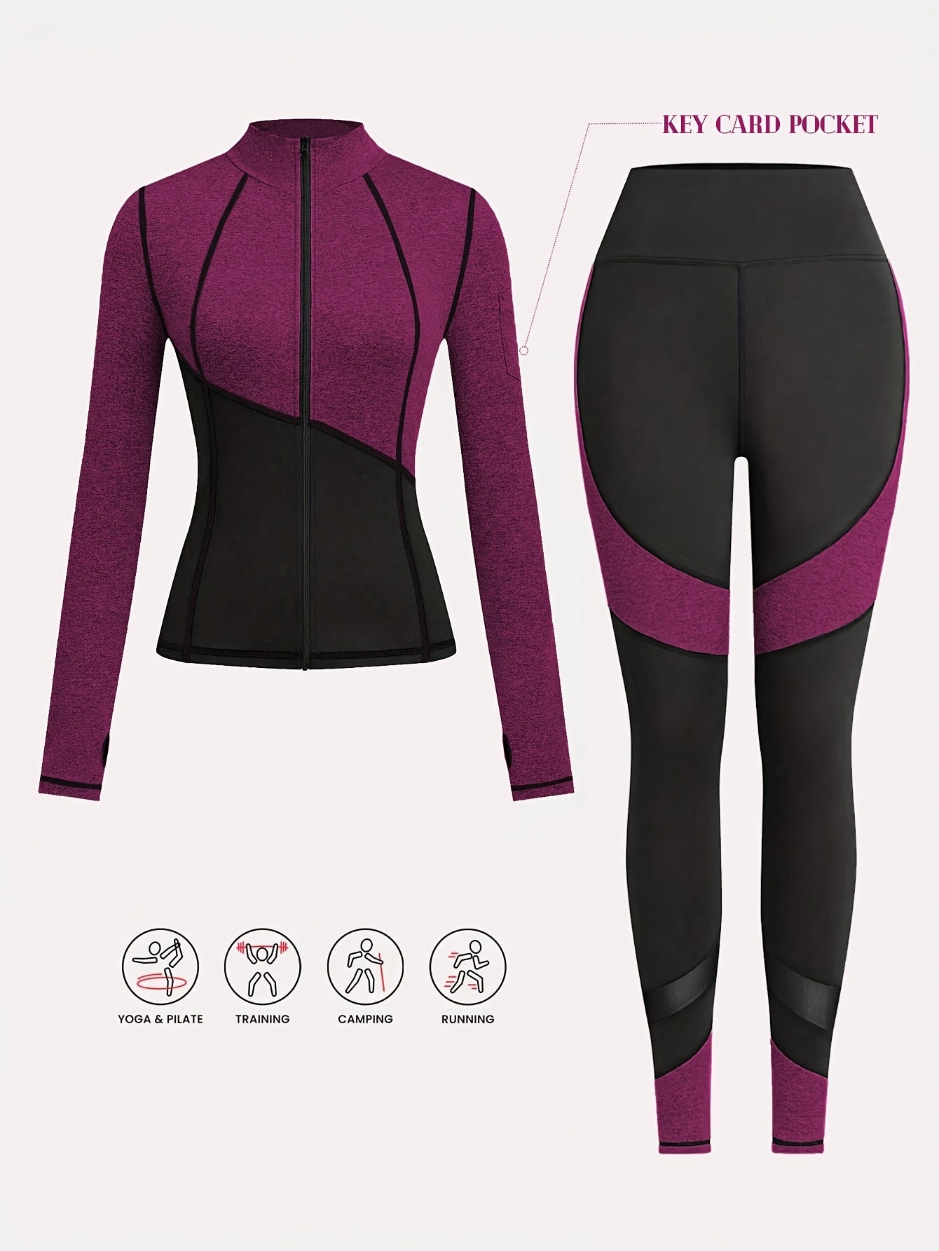 Women'S Two-Tone Running Fitness Leggings & Tank Top Set - Black & Pink, Stretchy Material, Zipper Detail, Perfect for Yoga & Casual Wear, Casual Wear Leggings|Stretchy Fabric Leggings|Zippered Leggings