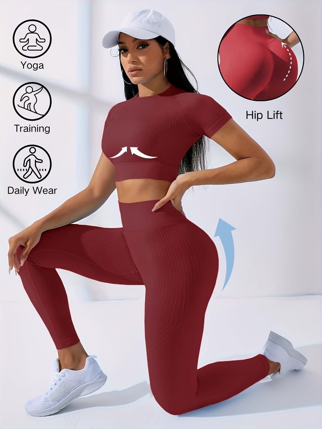 Two-Piece Outdoor Sports Suit - Short Sleeve Navel Top and High Waist Solid Color Running Tights, Women's Workout Sets for Yoga and Daily Wear with Medium Elasticity