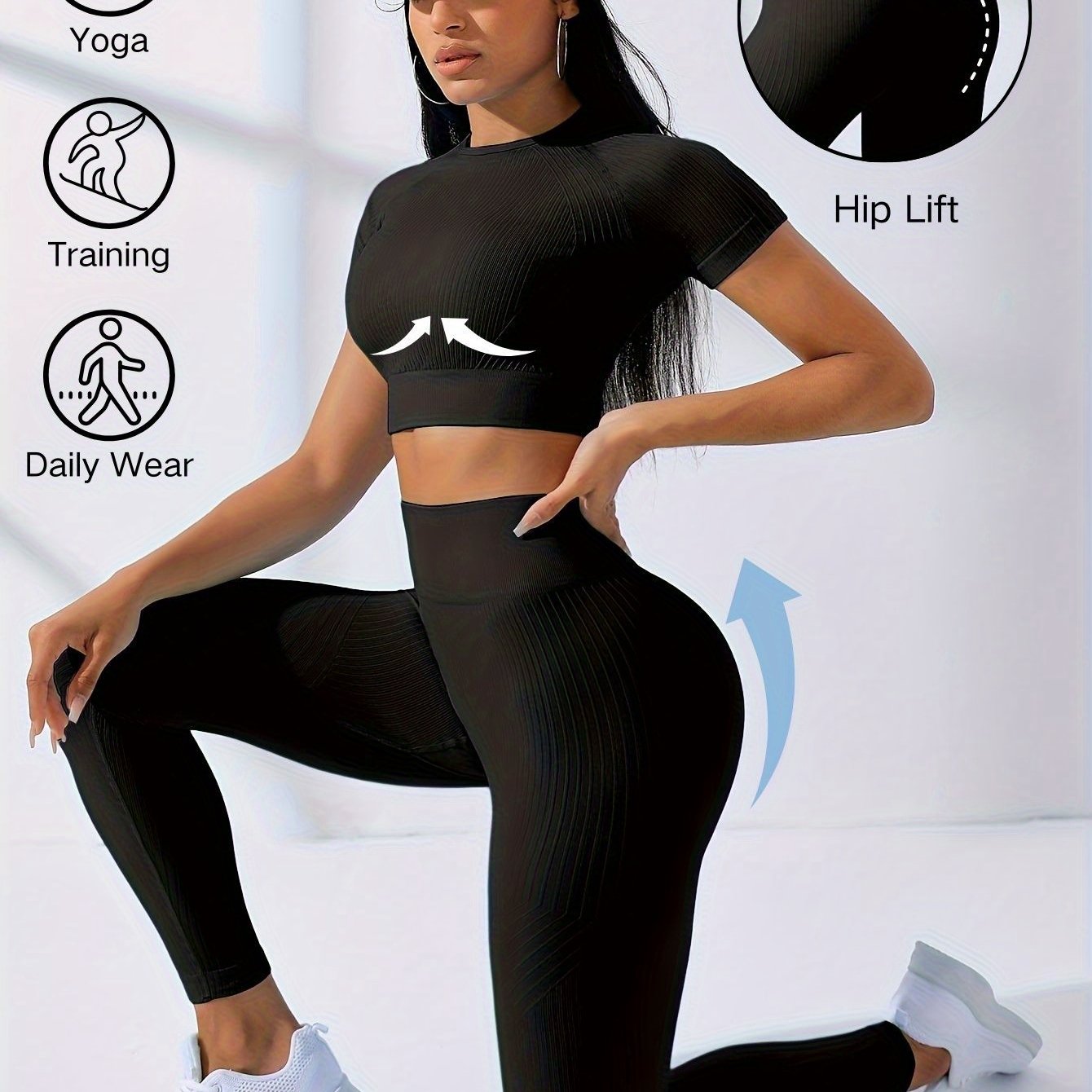 Two-Piece Outdoor Sports Suit - Short Sleeve Navel Top and High Waist Solid Color Running Tights, Women's Workout Sets for Yoga and Daily Wear with Medium Elasticity