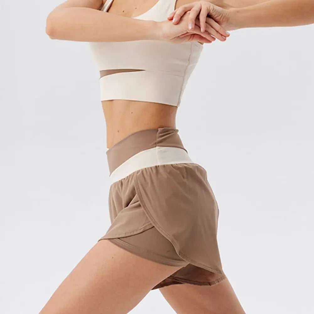 Breathable Women Sports Shorts Colorblocked Elastic Waistband Yoga Skirt Shorts Anti-Slip 2 In 1 Inner Liner