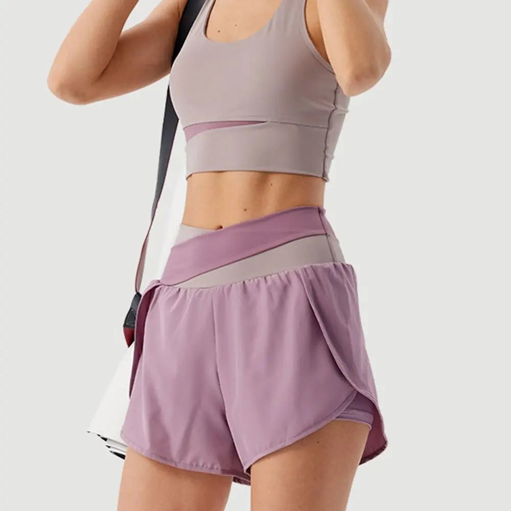Breathable Women Sports Shorts Colorblocked Elastic Waistband Yoga Skirt Shorts Anti-Slip 2 In 1 Inner Liner