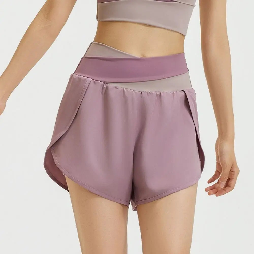 Breathable Women Sports Shorts Colorblocked Elastic Waistband Yoga Skirt Shorts Anti-Slip 2 In 1 Inner Liner
