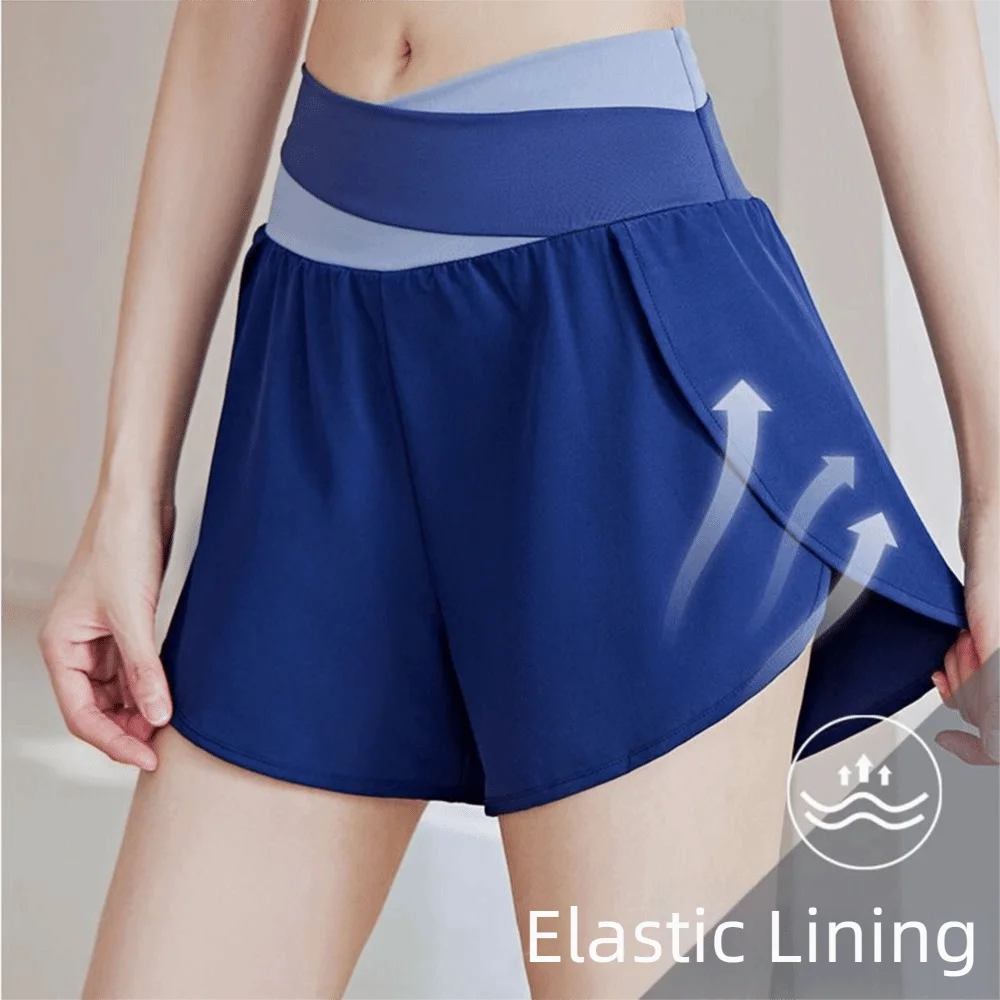 Breathable Women Sports Shorts Colorblocked Elastic Waistband Yoga Skirt Shorts Anti-Slip 2 In 1 Inner Liner