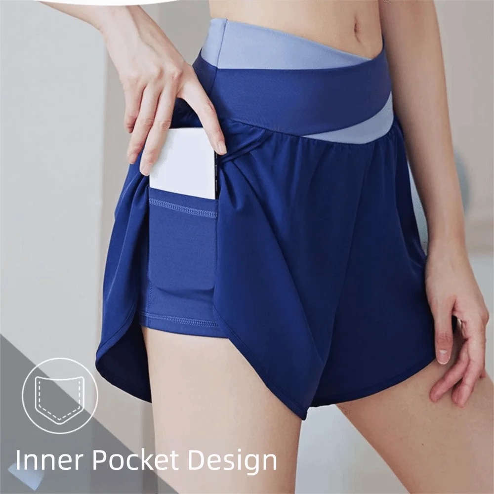Breathable Women Sports Shorts Colorblocked Elastic Waistband Yoga Skirt Shorts Anti-Slip 2 In 1 Inner Liner