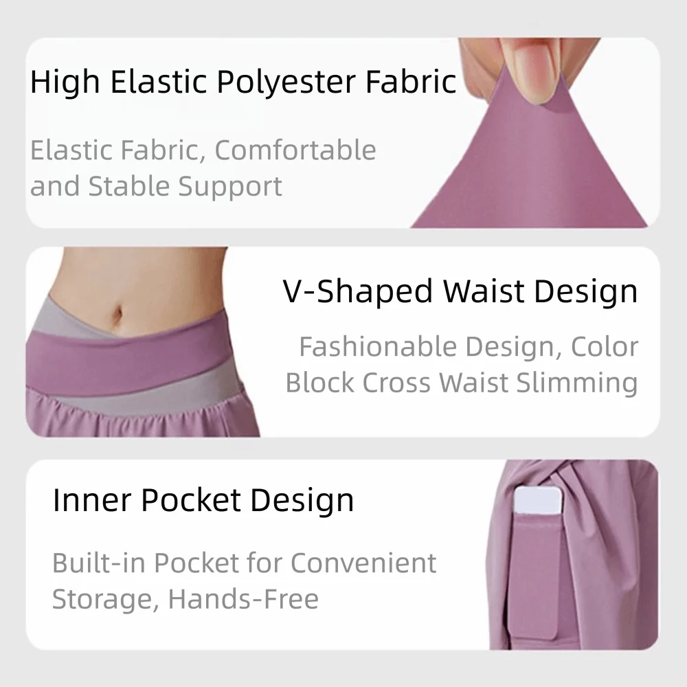 Breathable Women Sports Shorts Colorblocked Elastic Waistband Yoga Skirt Shorts Anti-Slip 2 In 1 Inner Liner
