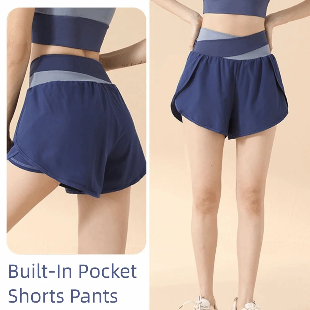 Breathable Women Sports Shorts Colorblocked Elastic Waistband Yoga Skirt Shorts Anti-Slip 2 In 1 Inner Liner
