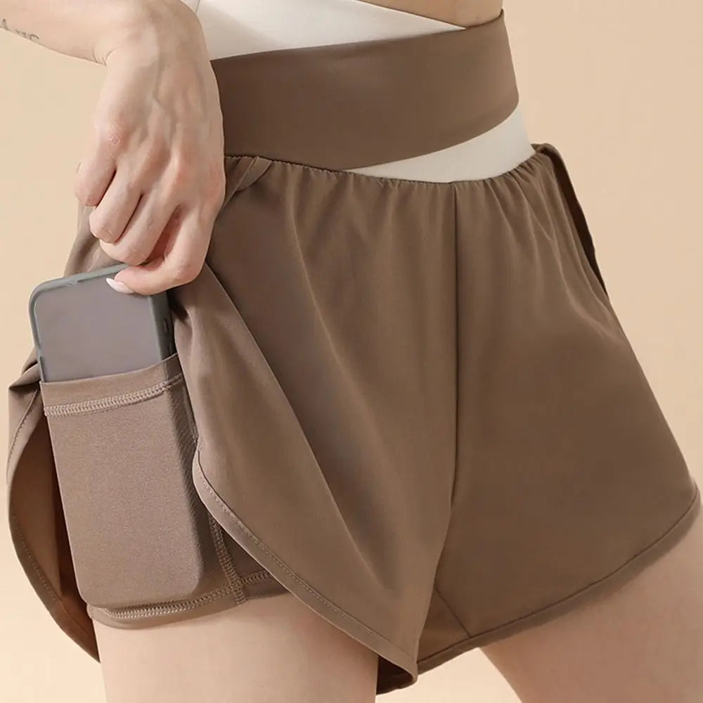 Breathable Women Sports Shorts Colorblocked Elastic Waistband Yoga Skirt Shorts Anti-Slip 2 In 1 Inner Liner