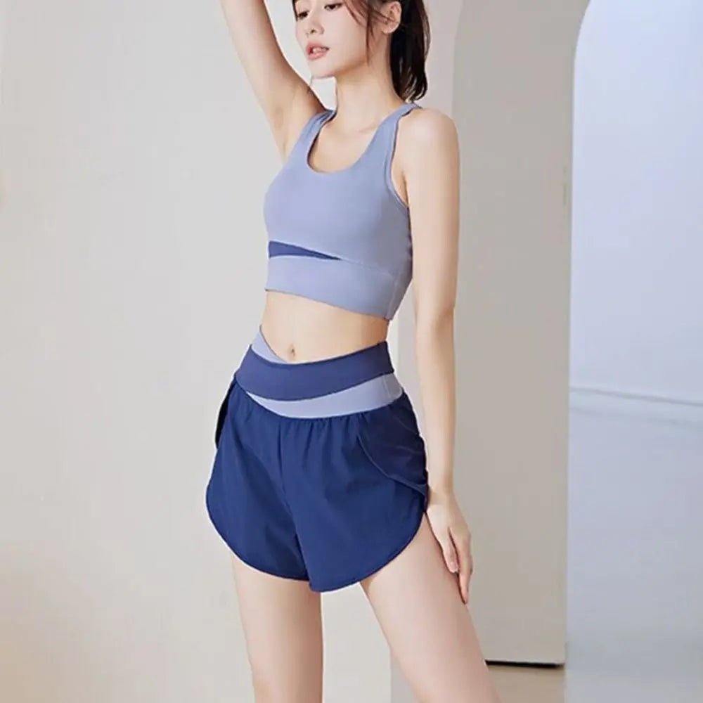 Breathable Women Sports Shorts Colorblocked Elastic Waistband Yoga Skirt Shorts Anti-Slip 2 In 1 Inner Liner