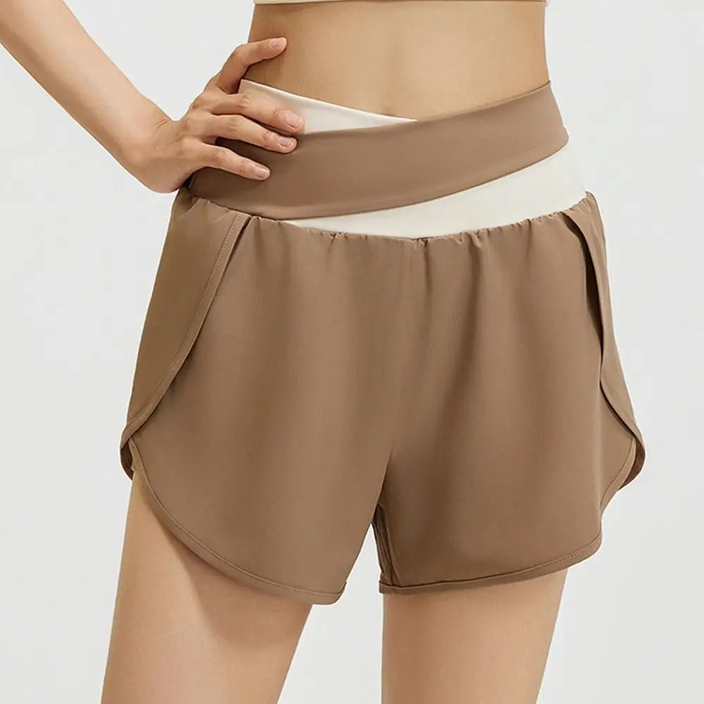 Breathable Women Sports Shorts Colorblocked Elastic Waistband Yoga Skirt Shorts Anti-Slip 2 In 1 Inner Liner