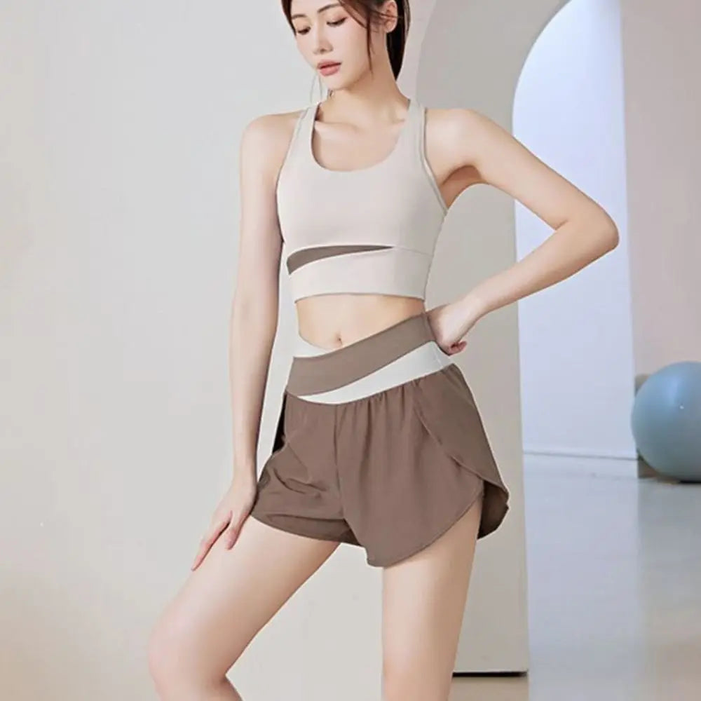 Breathable Women Sports Shorts Colorblocked Elastic Waistband Yoga Skirt Shorts Anti-Slip 2 In 1 Inner Liner
