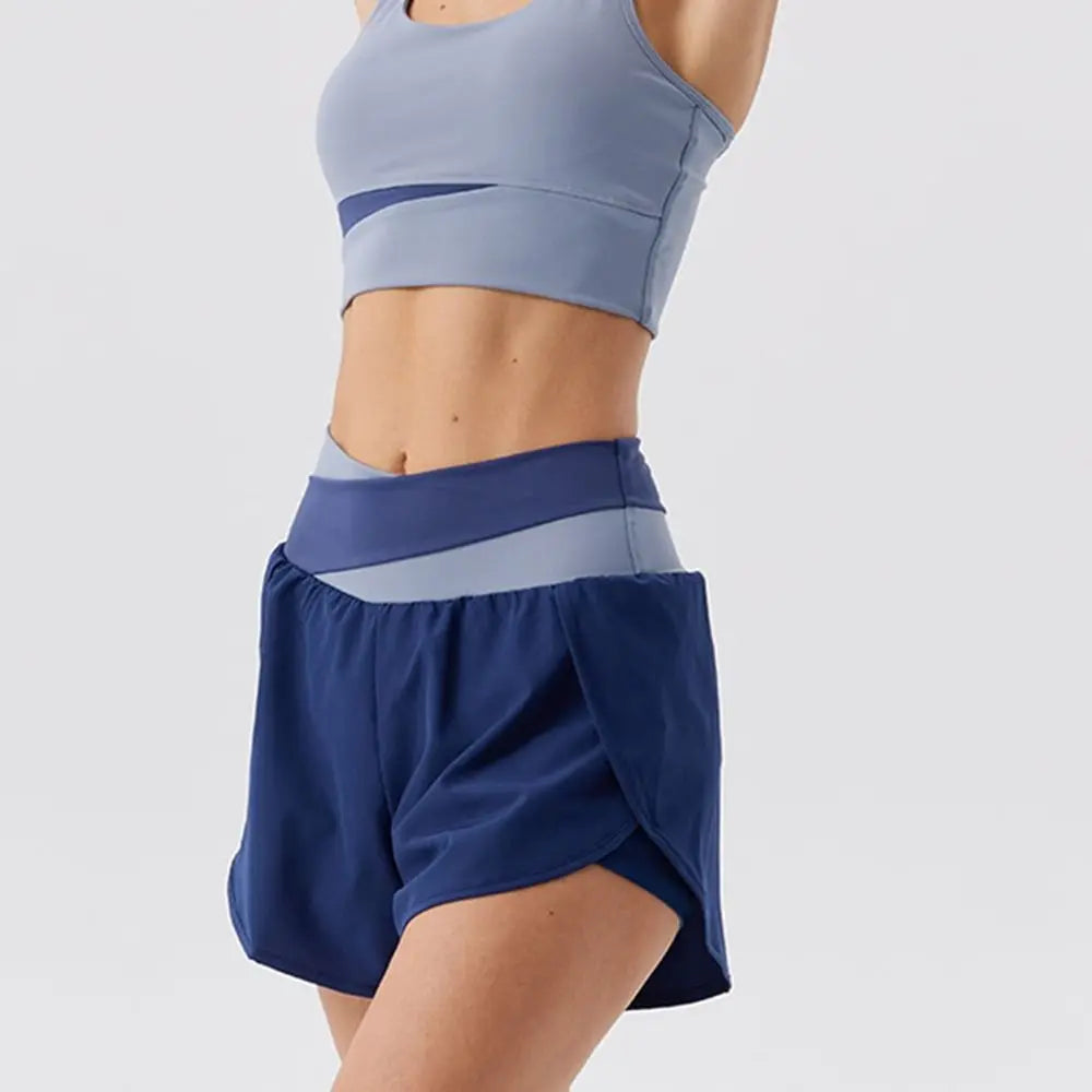 Breathable Women Sports Shorts Colorblocked Elastic Waistband Yoga Skirt Shorts Anti-Slip 2 In 1 Inner Liner