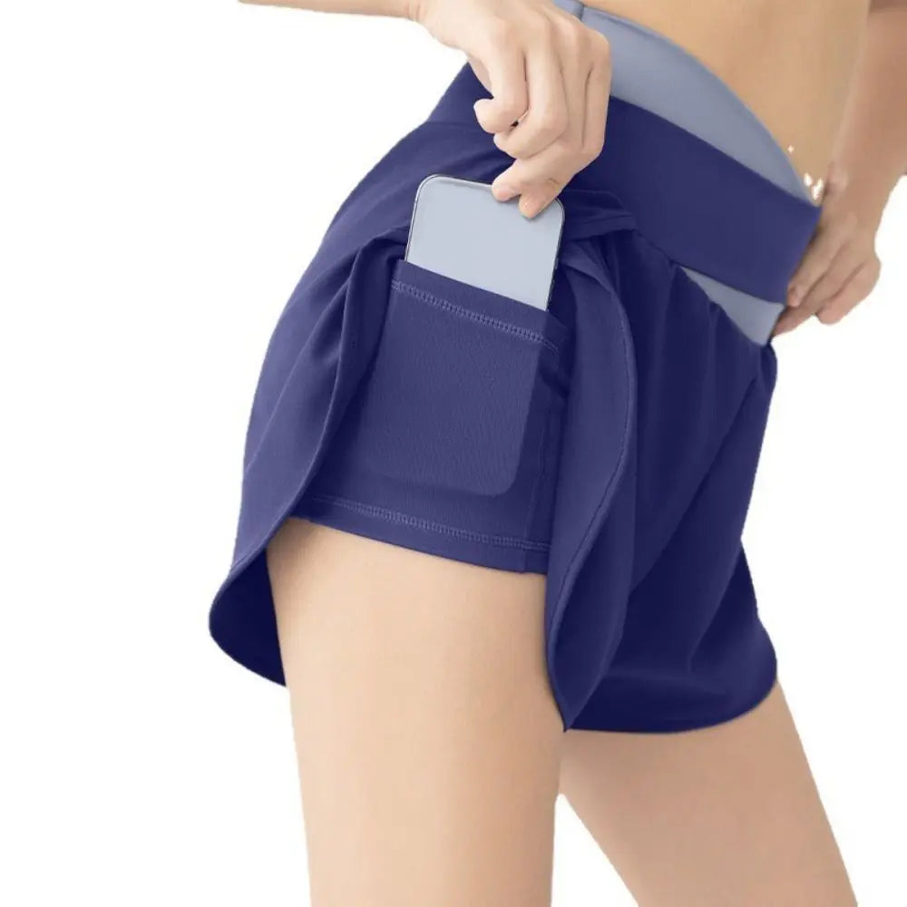 Breathable Women Sports Shorts Colorblocked Elastic Waistband Yoga Skirt Shorts Anti-Slip 2 In 1 Inner Liner