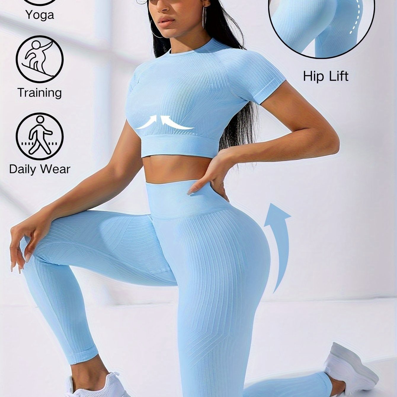Two-Piece Outdoor Sports Suit - Short Sleeve Navel Top and High Waist Solid Color Running Tights, Women's Workout Sets for Yoga and Daily Wear with Medium Elasticity