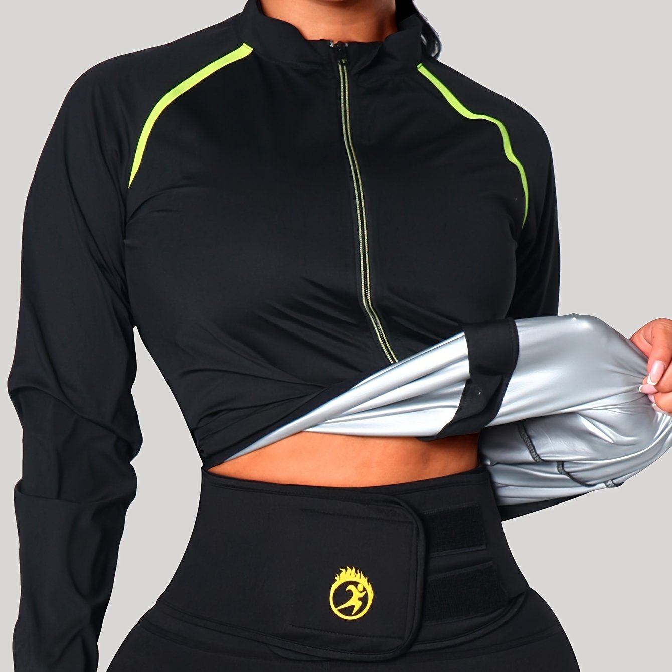 1pc Women's Reflective Zipper Contrast Design Lightweight Silvery-Plated Long-Sleeve Sweatshirt for Gym and Fitness