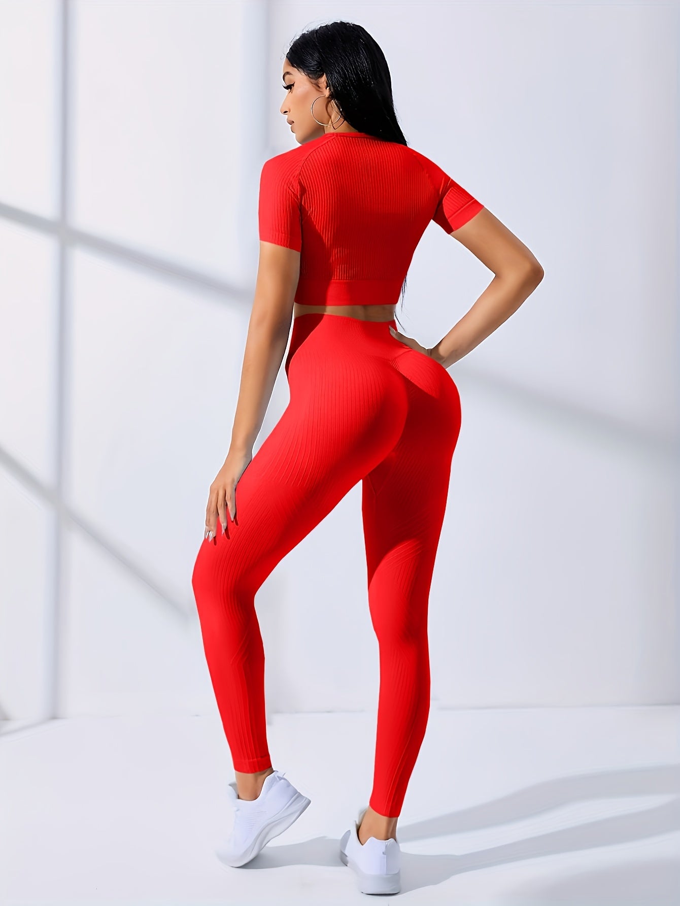Two-Piece Outdoor Sports Suit - Short Sleeve Navel Top and High Waist Solid Color Running Tights, Women's Workout Sets for Yoga and Daily Wear with Medium Elasticity