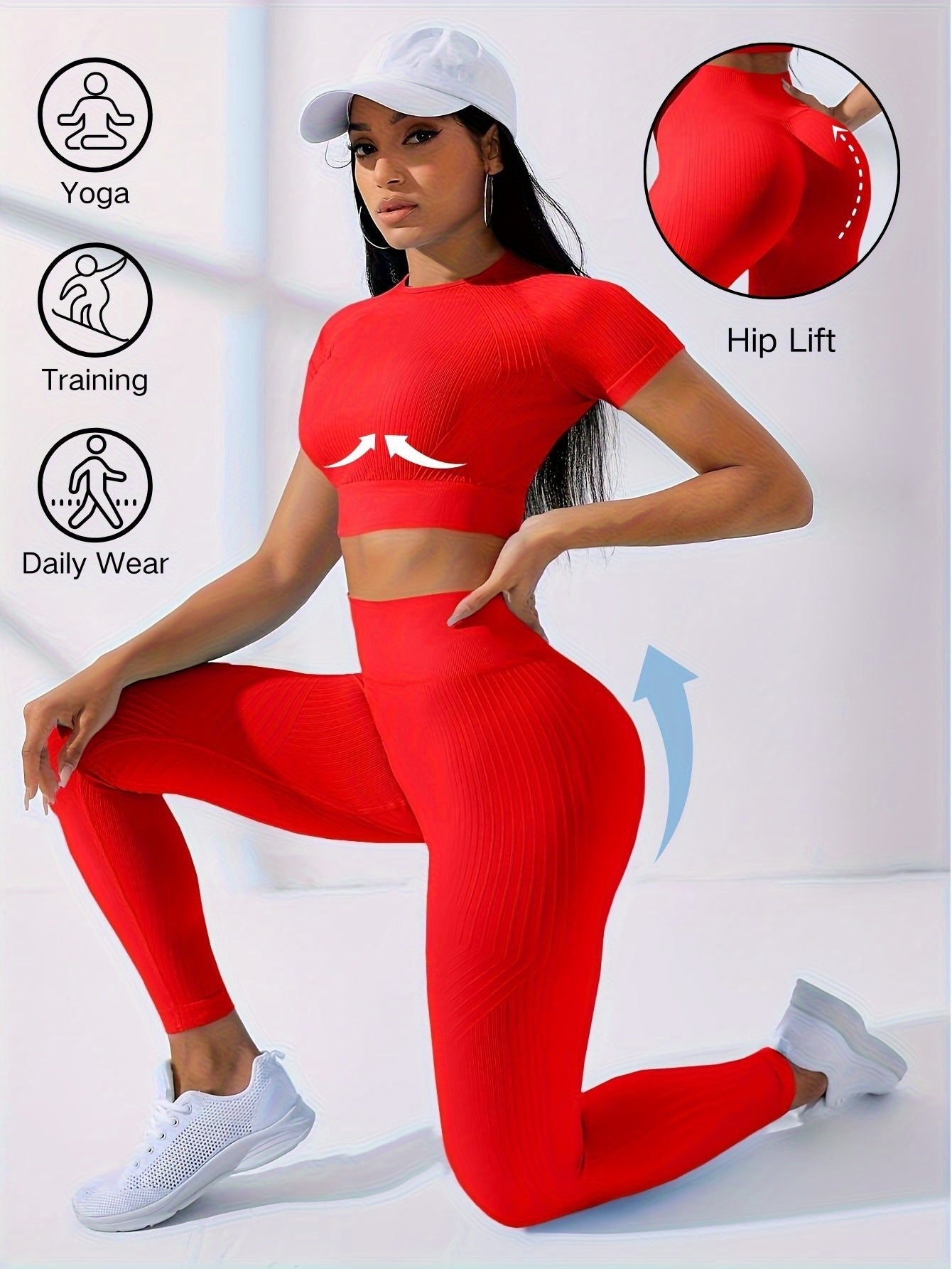 Two-Piece Outdoor Sports Suit - Short Sleeve Navel Top and High Waist Solid Color Running Tights, Women's Workout Sets for Yoga and Daily Wear with Medium Elasticity