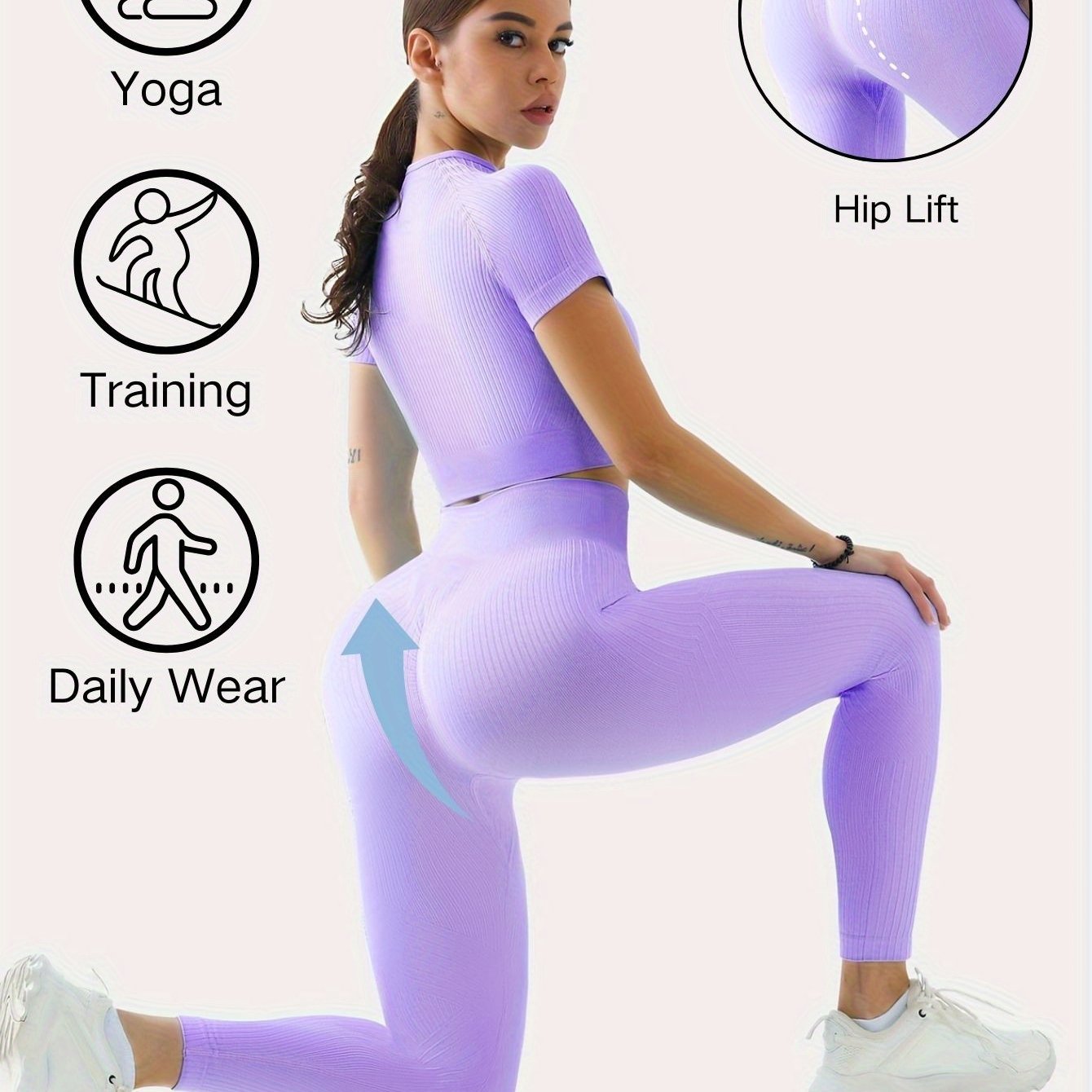 Two-Piece Outdoor Sports Suit - Short Sleeve Navel Top and High Waist Solid Color Running Tights, Women's Workout Sets for Yoga and Daily Wear with Medium Elasticity