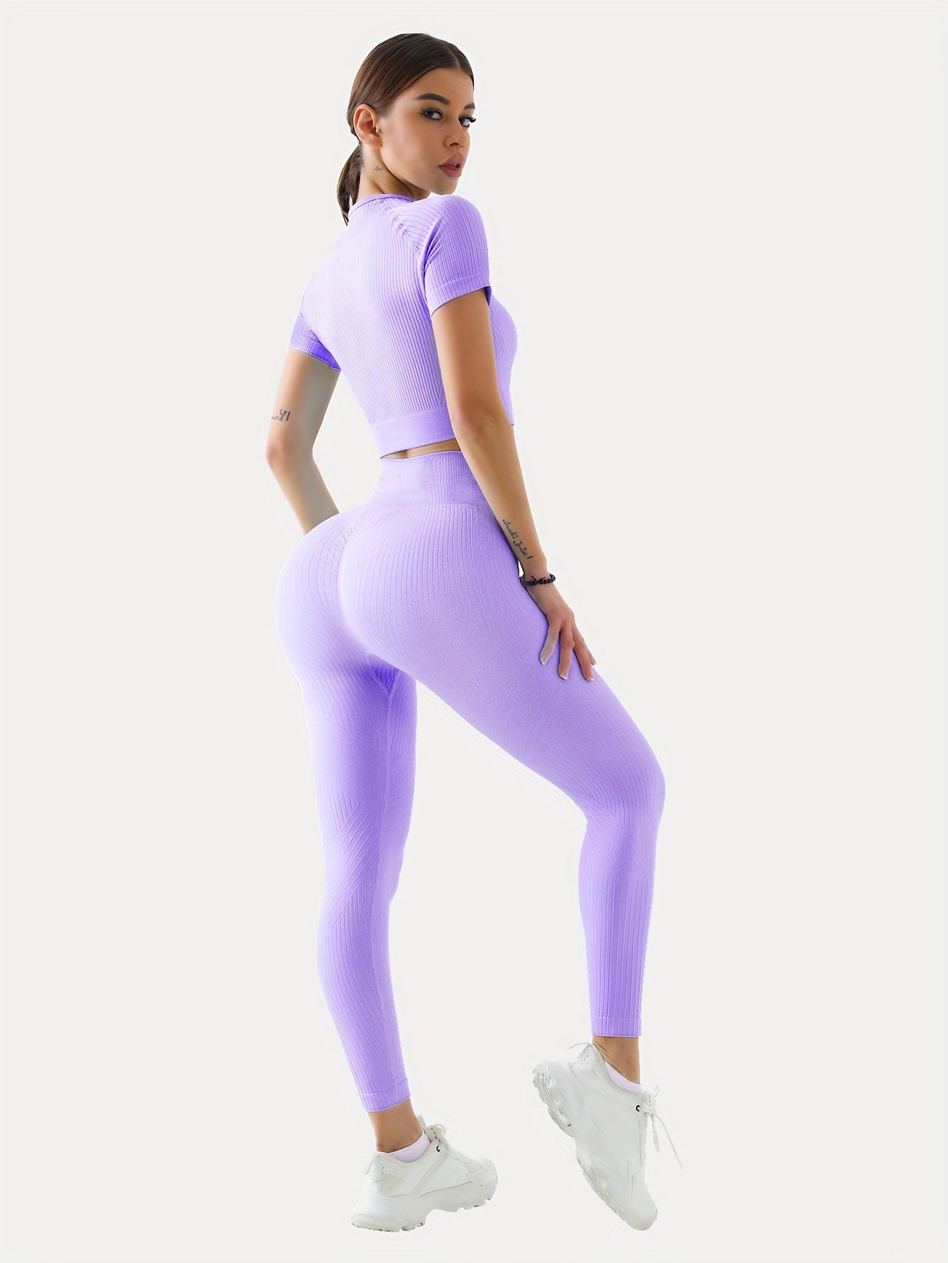Two-Piece Outdoor Sports Suit - Short Sleeve Navel Top and High Waist Solid Color Running Tights, Women's Workout Sets for Yoga and Daily Wear with Medium Elasticity