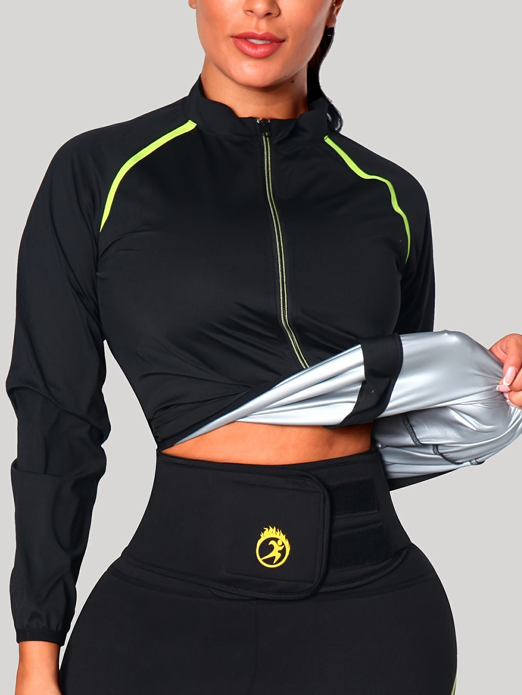 1pc Women's Reflective Zipper Contrast Design Lightweight Silvery-Plated Long-Sleeve Sweatshirt for Gym and Fitness