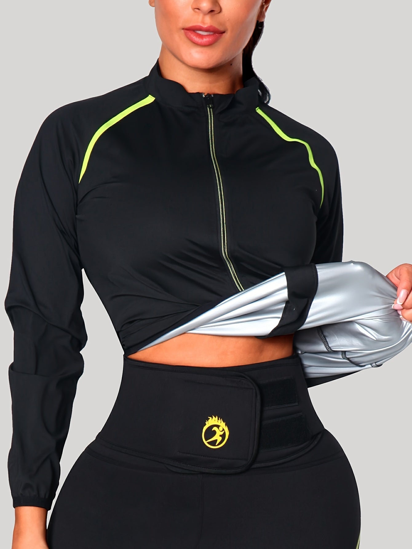 1pc Women's Reflective Zipper Contrast Design Lightweight Silvery-Plated Long-Sleeve Sweatshirt for Gym and Fitness