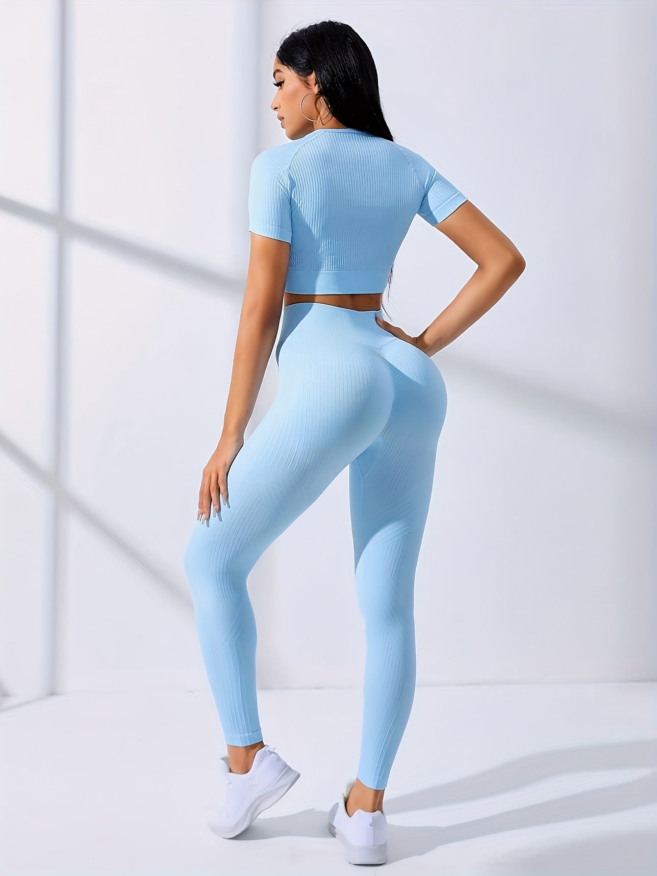 Two-Piece Outdoor Sports Suit - Short Sleeve Navel Top and High Waist Solid Color Running Tights, Women's Workout Sets for Yoga and Daily Wear with Medium Elasticity